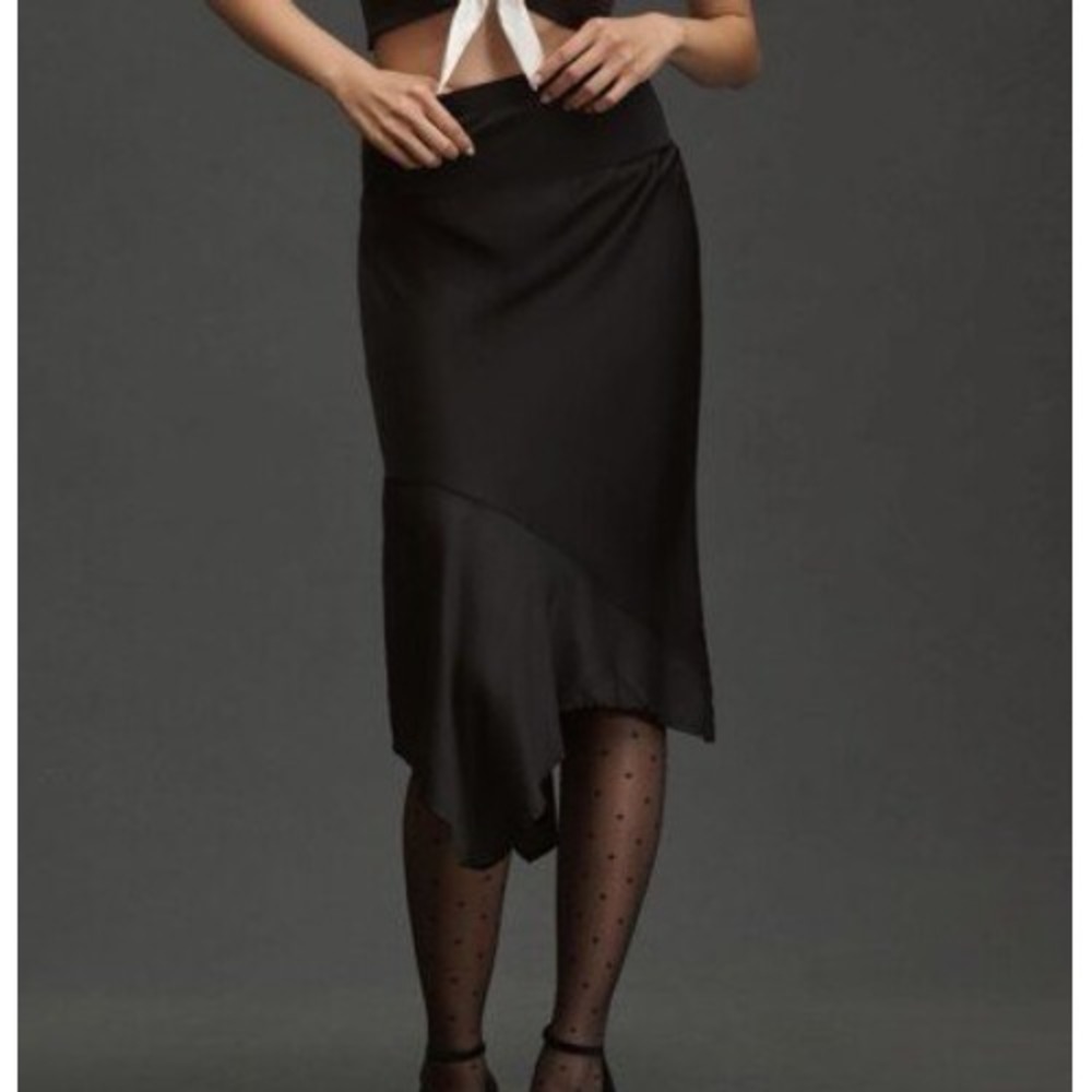 Anthropologie Black Satin Asymmetrical Handkerchief Hem Midi Skirt XL